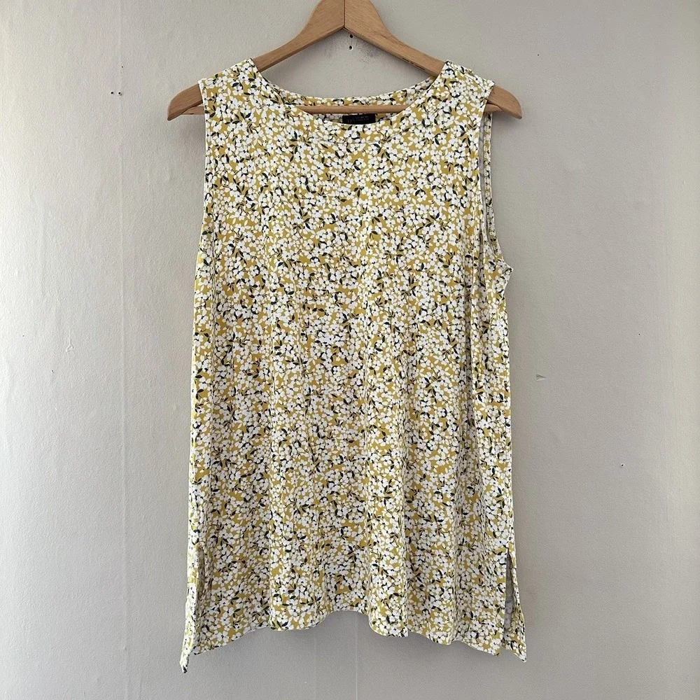 J Jill Wearever Collection Floral Sleeveless Top Size L Yellow Garden Cottage
